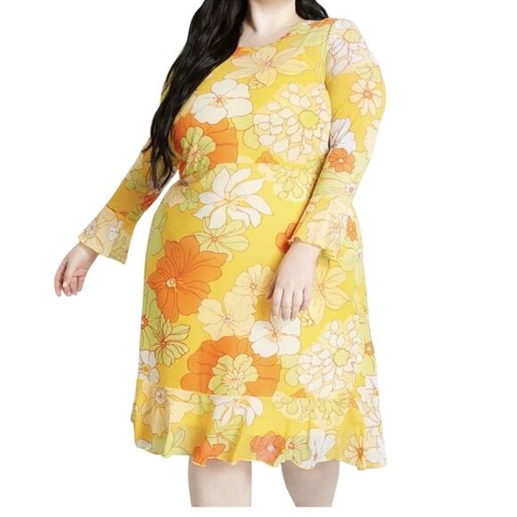 ModCloth Tropicana Isle Mesh Midi Dress Orange Yellow Floral Womens Size 2X - Picture 1 of 9